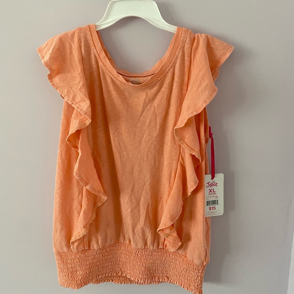 Justice Girls Ruffle Blouse, BRAND NEW With Tag, XL (16-18), Sweet Peach Color